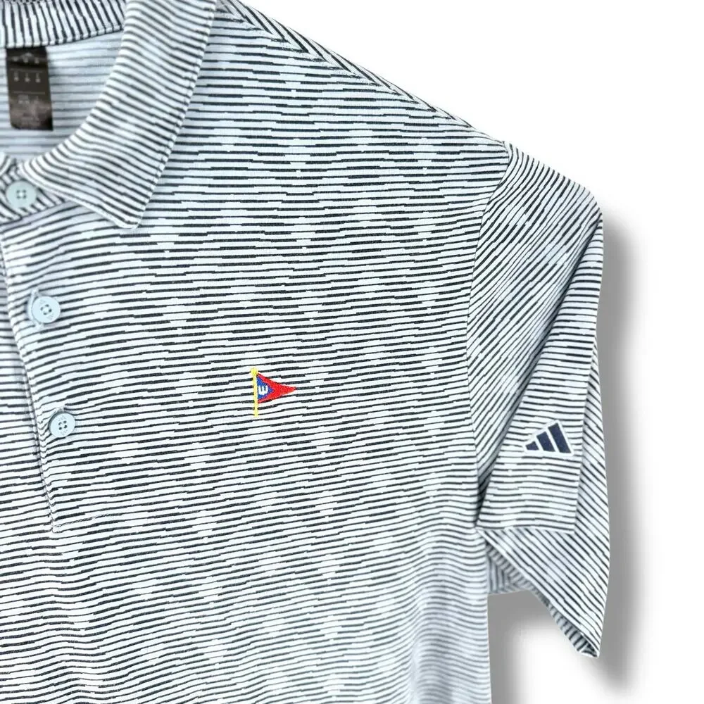 Adidas Golf Polo Mens M Navy Striped Pinstripe Flag Club Logo Performance